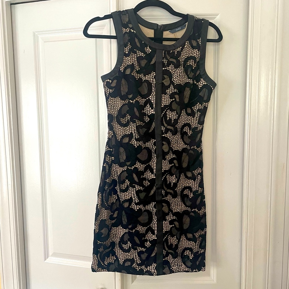 Vintage Y2K Tart Collections black lace leather trim mini sheath dress EUC